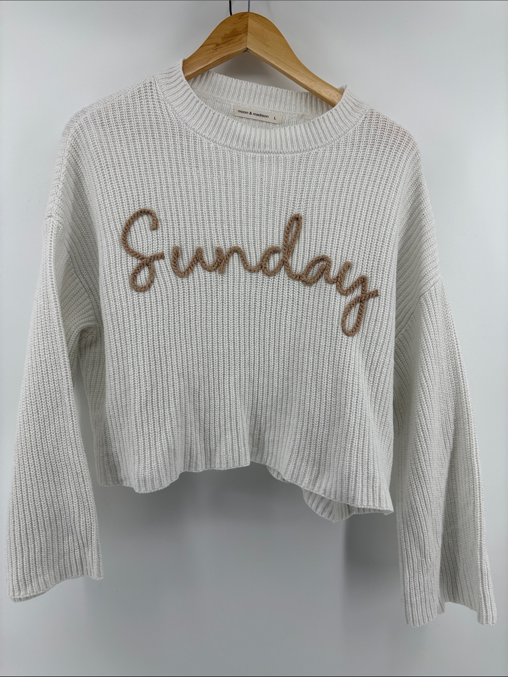moon & madison Cream Knit 'Sunday' Script Sweater